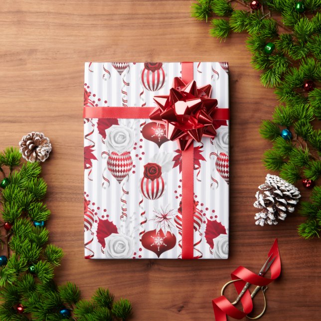 Red White Christmas Ornaments Roses Holiday Wrapping Paper (Holiday Gift)