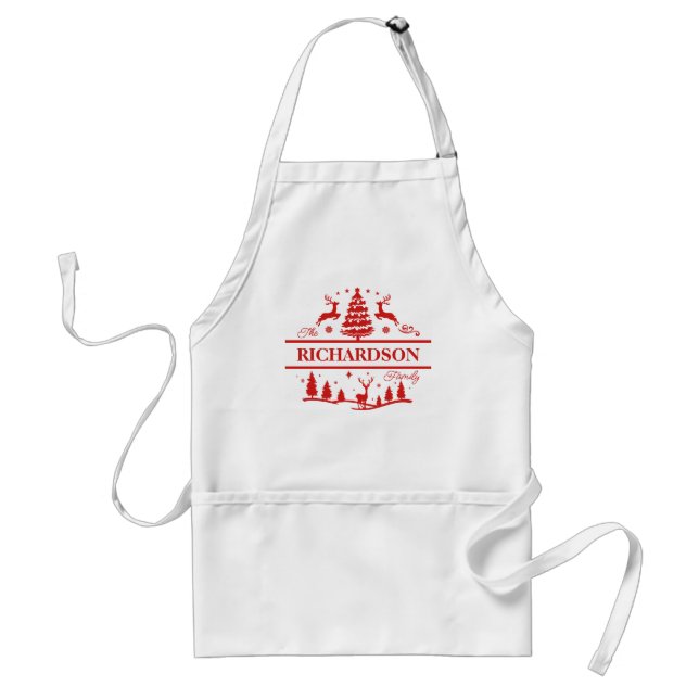 Red White Christmas Personalized Family Name Adult Apron (Front)