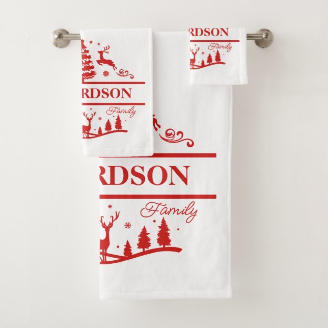 Red White Christmas Personalized Family Name Bath Towel Set (Insitu)