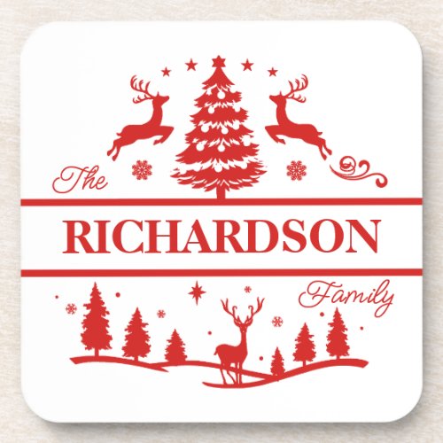 Red White Christmas Personalized Family Name Beverage Coaster