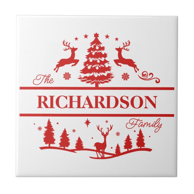 Red White Christmas Personalized Family Name Ceramic Tile (Front)