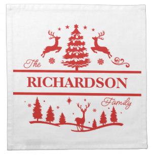 Red White Christmas Personalized Family Name Cloth Napkin