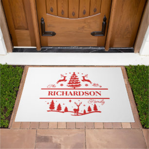 Red White Christmas Personalized Family Name Doormat