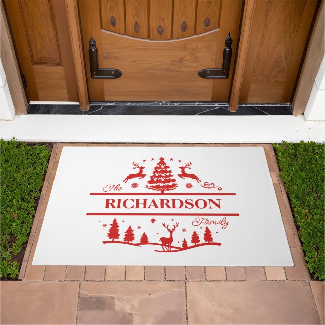 Red White Christmas Personalized Family Name Doormat (Outdoor)