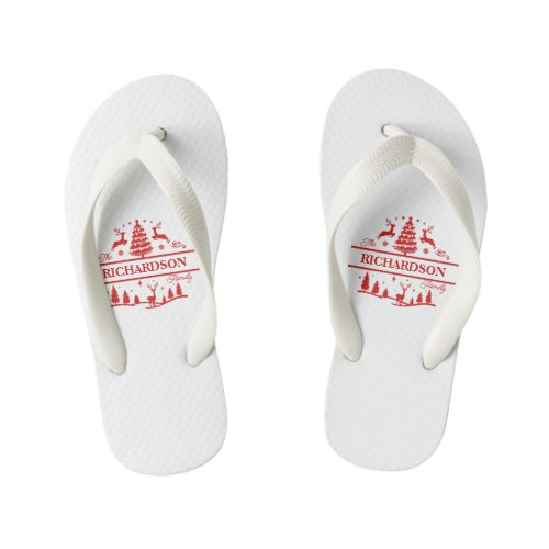 Red White Christmas Personalized Family Name Kids Flip Flops