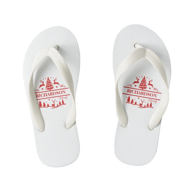 Red White Christmas Personalized Family Name Kid's Flip Flops (Footbed)
