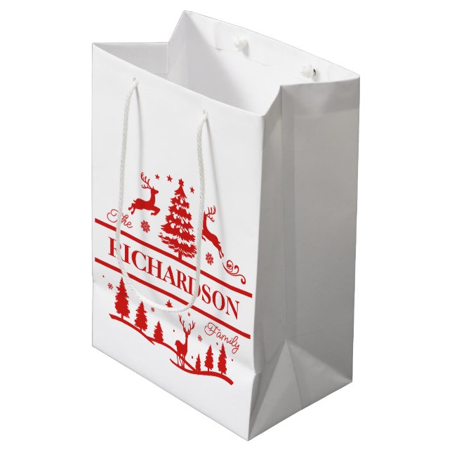 Red White Christmas Personalized Family Name Medium Gift Bag (Front Angled)