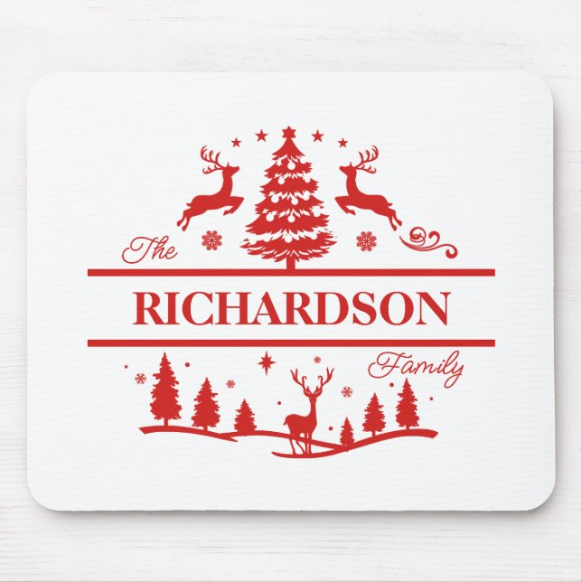 Red White Christmas Personalized Family Name Mouse Pad (Front)