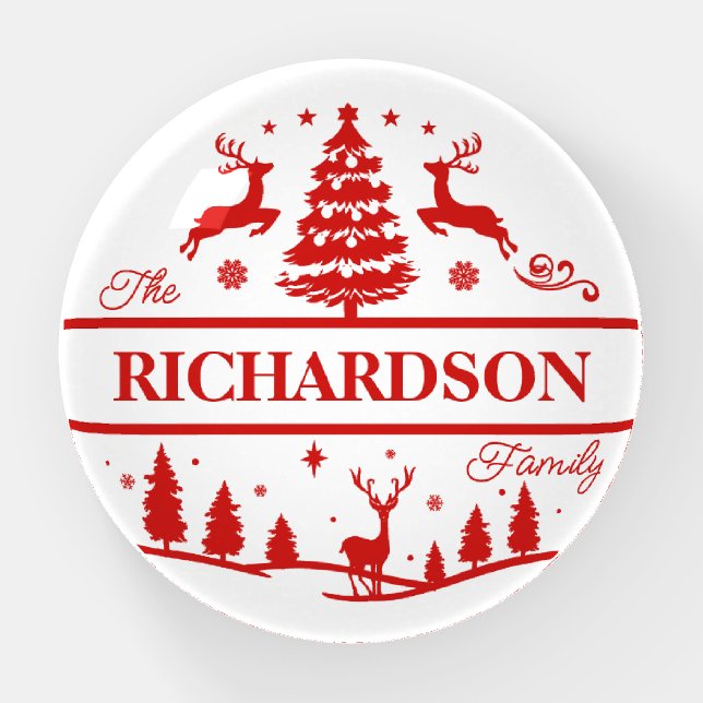 Red White Christmas Personalized Family Name Paperweight (Front)