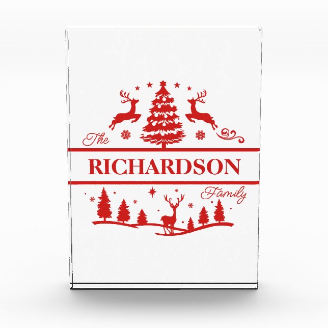 Red White Christmas Personalized Family Name Photo Block (Front)