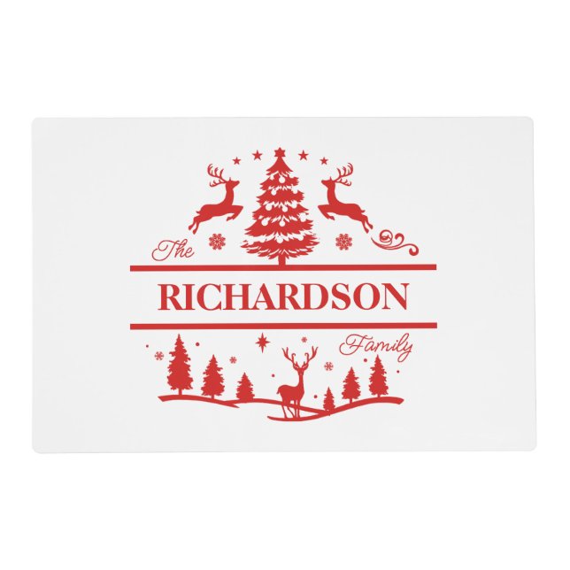 Red White Christmas Personalized Family Name Placemat (Front)