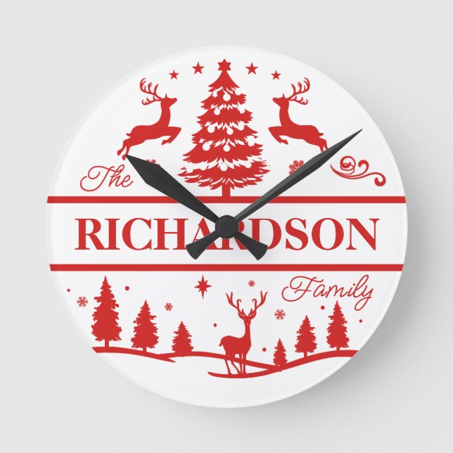Red White Christmas Personalized Family Name Round Clock (Front)