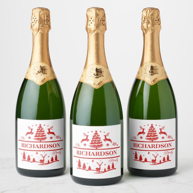 Red White Christmas Personalized Family Name Sparkling Wine Label (Bottles)