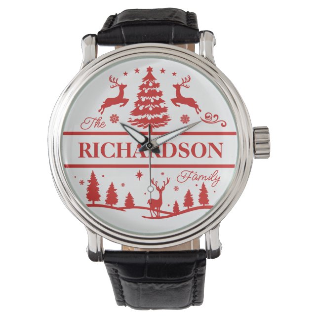 Red White Christmas Personalized Family Name Watch (Front)