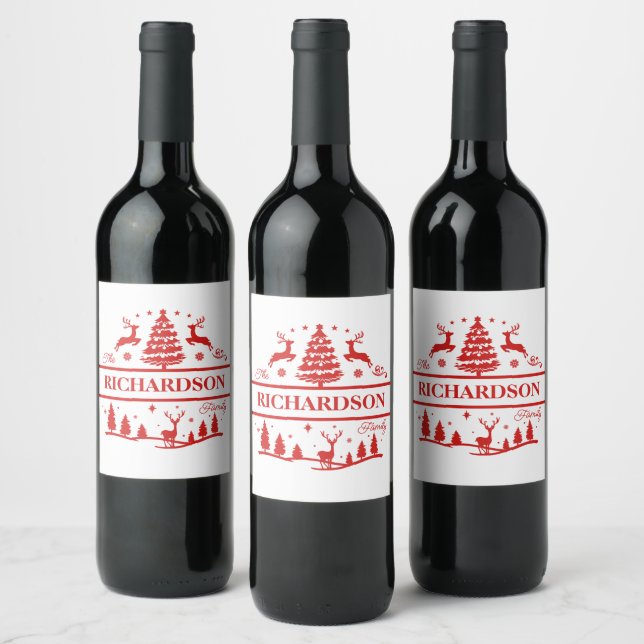 Red White Christmas Personalized Family Name Wine Label (Bottles)