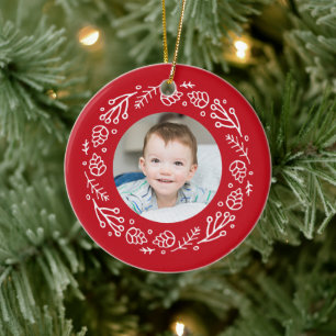 Red & White Christmas Pinecone Wreath Photo Ceramic Ornament