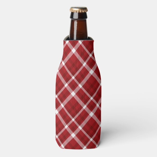 RED WHITE CHRISTMAS PLAID PATTERN BOTTLE COOLER (Bottle Front)