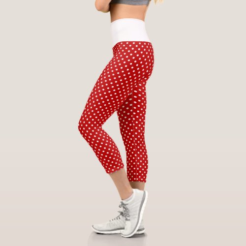 Red  White Christmas Polka Dot Pattern Capri Leggings