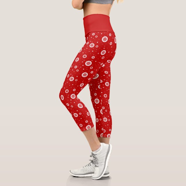 Red & White Christmas Snowflakes and Snow Pattern Capri Leggings (Left)