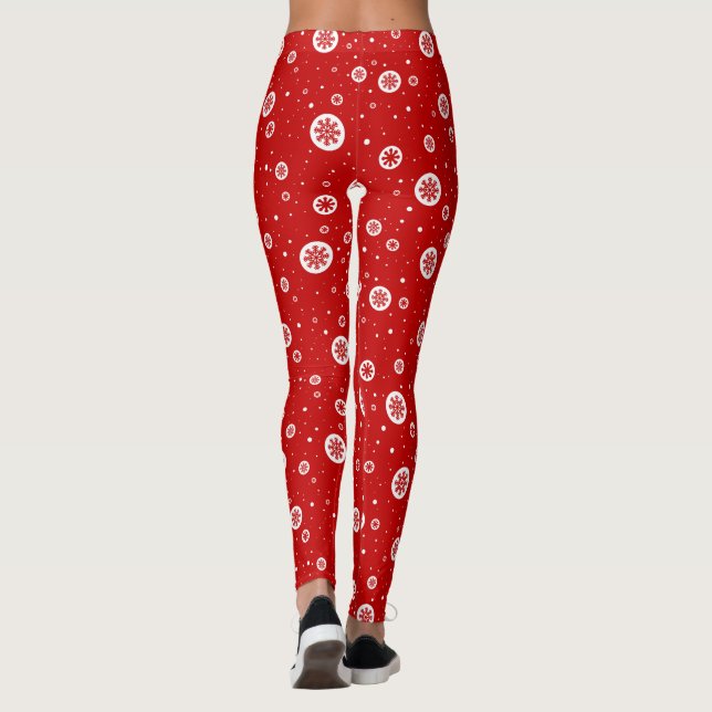 Red & White Christmas Snowflakes and Snow Pattern Leggings (Back)