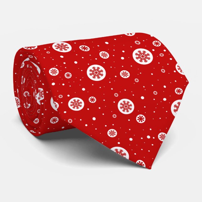 Red & White Christmas Snowflakes and Snow Pattern Neck Tie (Rolled)