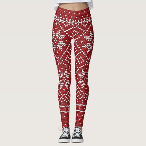 Red  White Christmas Sweater Pattern Legging