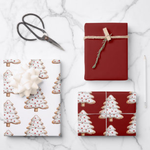 Red White Christmas Tree Cookies Wrapping Paper Sheets