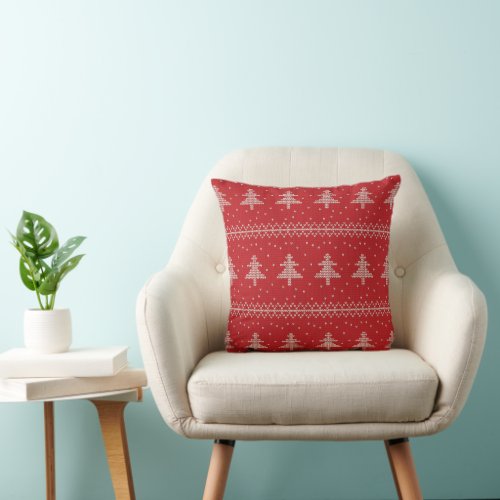 Red White Christmas Tree Faux Knit Pattern Throw Pillow