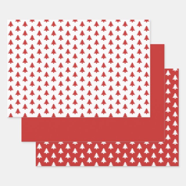 Red/White Christmas Tree Iconic Pattern Wrapping Paper Sheets (Set)