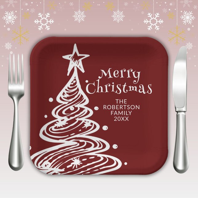 Red White Christmas Tree Party Paper Plates (Creator Uploaded)