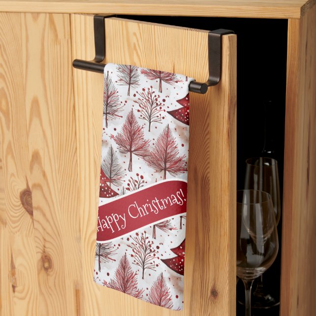 Red White Christmas Tree Pattern#4 ID1009 Kitchen Towel (Thirds Fold)