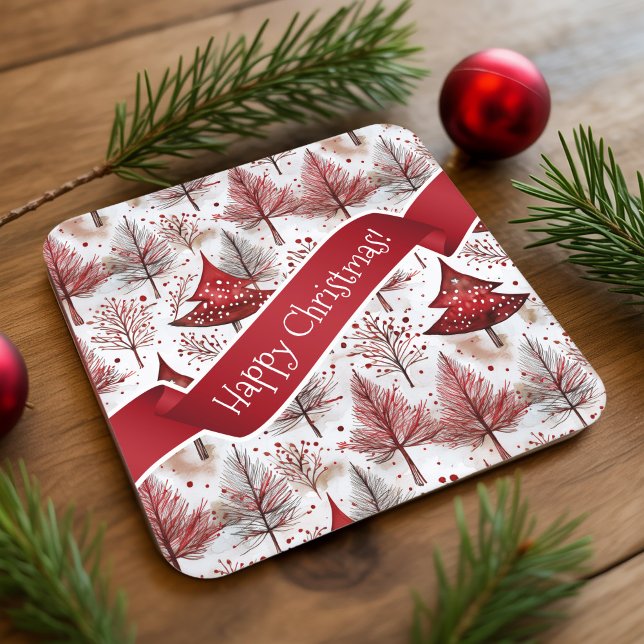 Red White Christmas Tree Pattern#4 ID1009 Square Paper Coaster (Creator Uploaded)