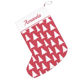 Red White Christmas Tree Pattern with Custom Name Small Christmas Stocking