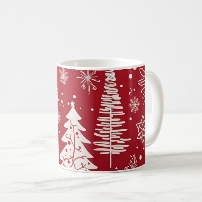 Red White Christmas Tree Snowflake Pattern  Coffee Mug (Front Right)