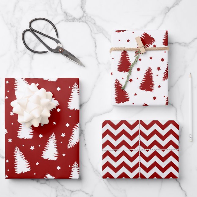 Red White Christmas Trees Chevron Holiday Wrapping Paper Sheets (Front)
