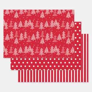Red White Christmas Trees Polka Dots Stripe Wrapping Paper Sheets