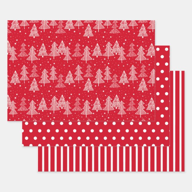 Red White Christmas Trees Polka Dots Stripe Wrapping Paper Sheets (Set)