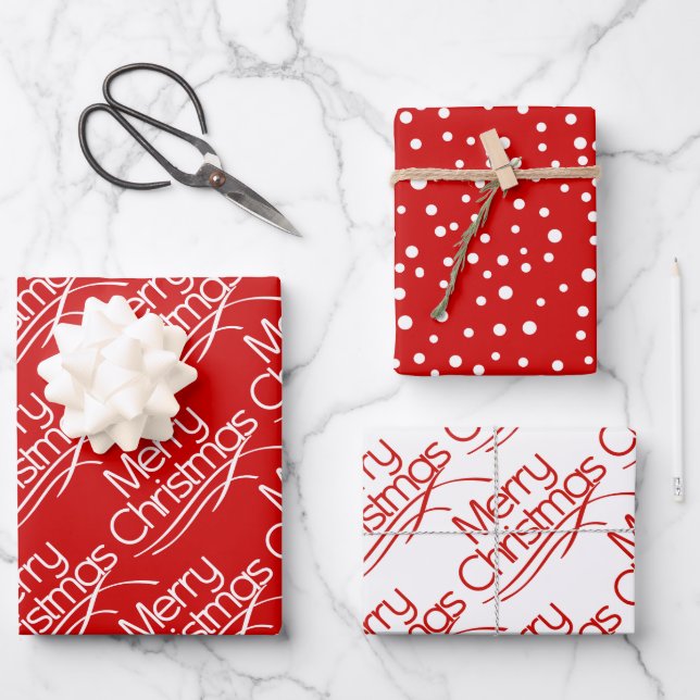 Red, white Christmas typography and dots holiday Wrapping Paper Sheets (Front)