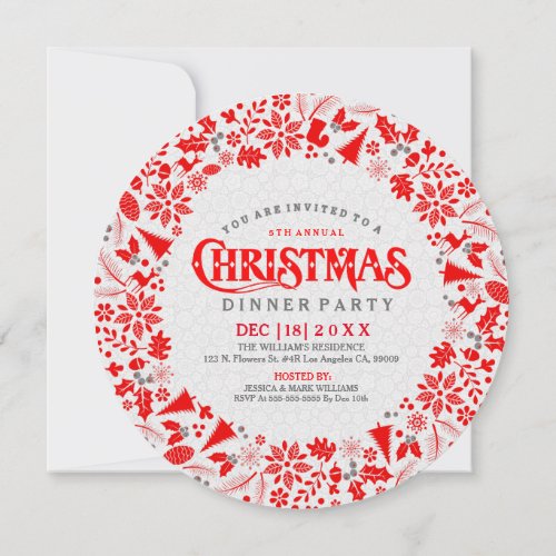 Red  White Christmas Wreath Dinner Party Invite