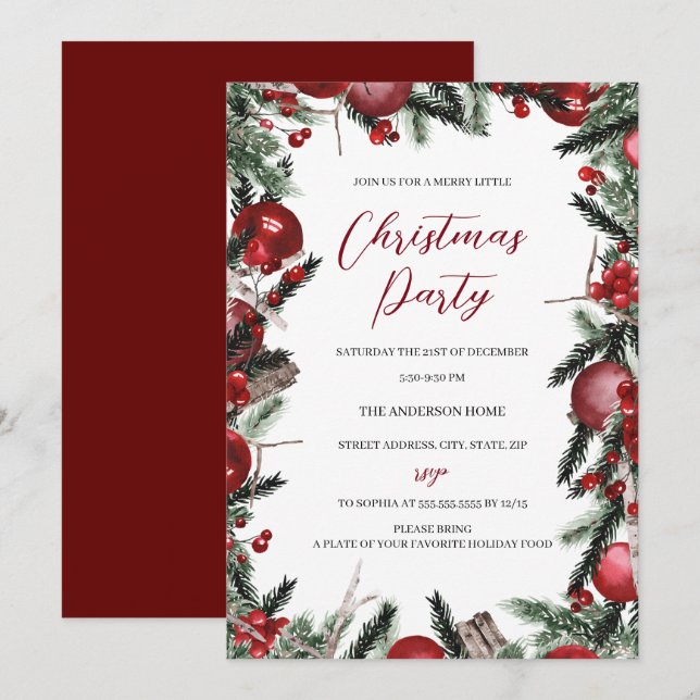 Red White Christmas Wreath Festive Floral Party Invitation (Front/Back)