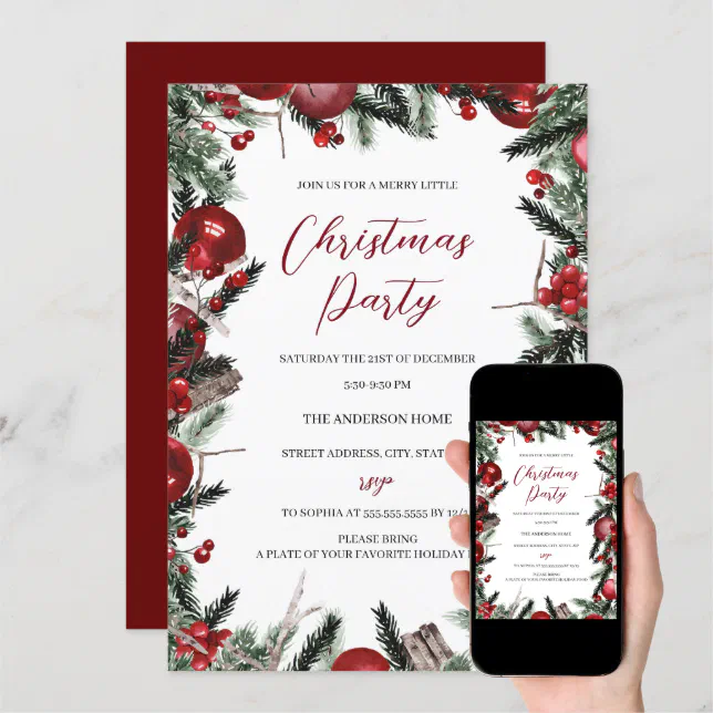 Red White Christmas Wreath Festive Floral Party Invitation | Zazzle