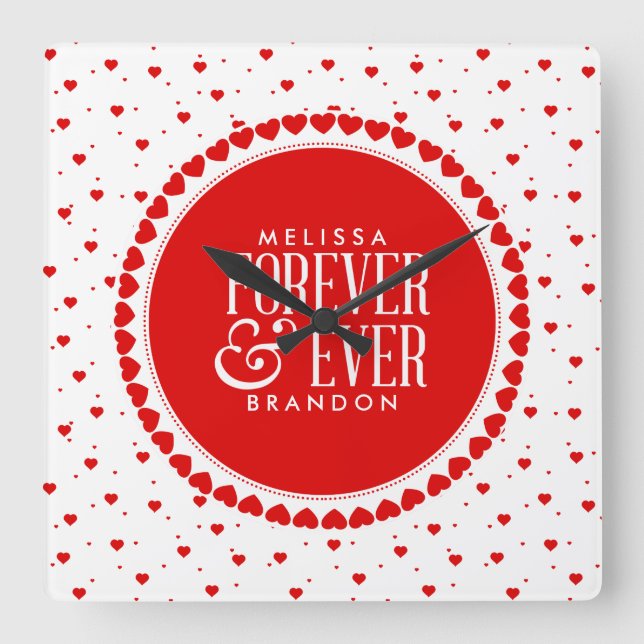 Red & White Circle Hearts Valentines Design Square Wall Clock (Front)