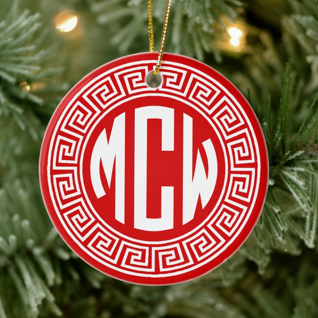 Red White Circle Monogram Font Greek Key Frame Ceramic Ornament (Creator Uploaded)