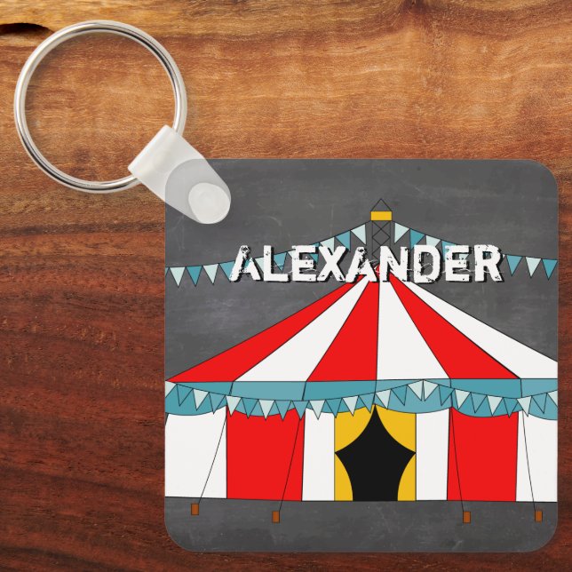 Red & White Circus Tent accented with Blue Bunting Keychain (Front)