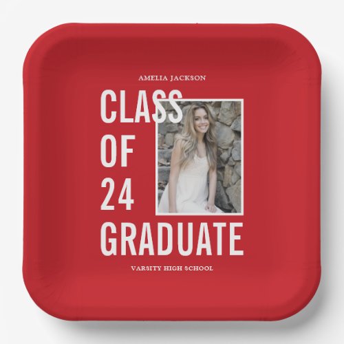 Red  White Class Of 24 Photo Graduation Party Paper Plates