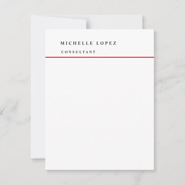 Red White Classical Elegant Plain Professional  Note Card (Front)