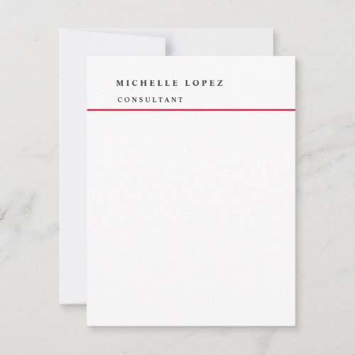Red White Classical Elegant Plain Professional  Note Card