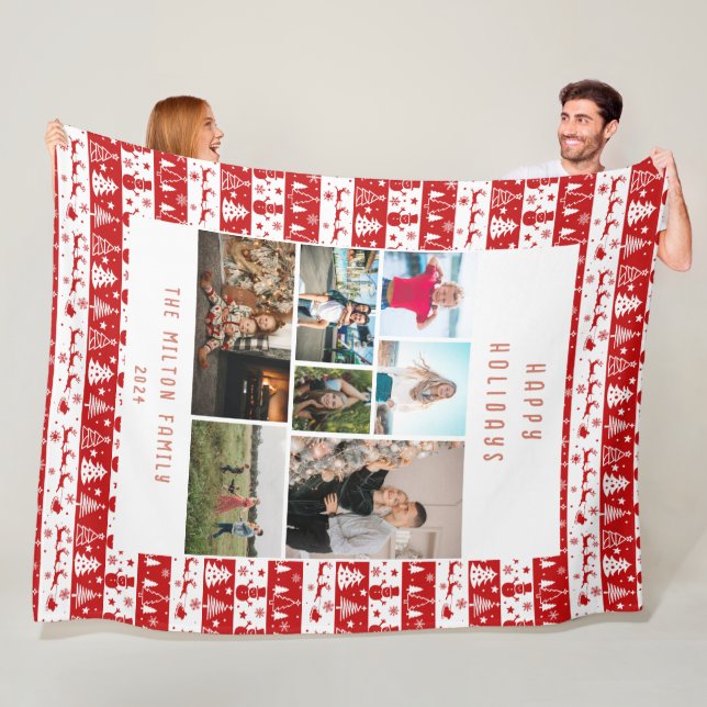 Red White Classical Holiday Multiple Photos Fleece Blanket (In Situ)