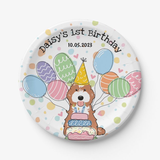 Red White Cockapoo Cavapoo Dog Birthday  Paper Plates (Front)