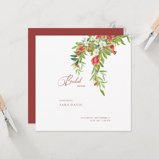 Red & White Colorful Tuscan Bridal Shower Square Invitation (Front/Back In Situ)